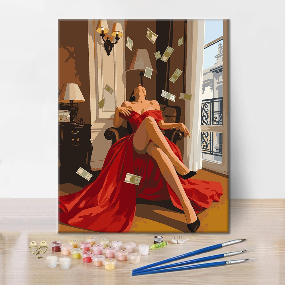 Mujer de rojo con billetes voladores – Pintura por números