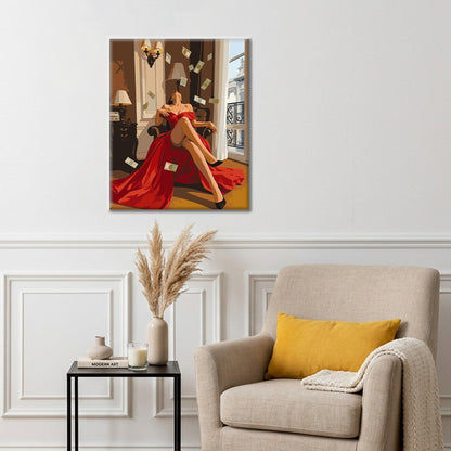 Mujer de rojo con billetes voladores – Pintura por números