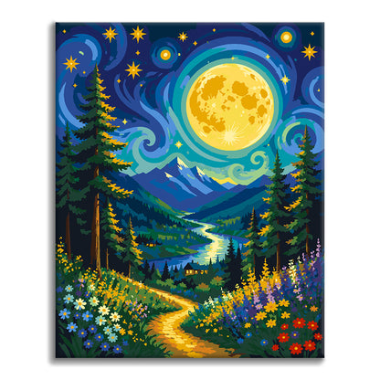 Sendero de flores de montaña iluminado por la luna – Pintura por números