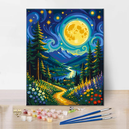 Sendero de flores de montaña iluminado por la luna – Pintura por números