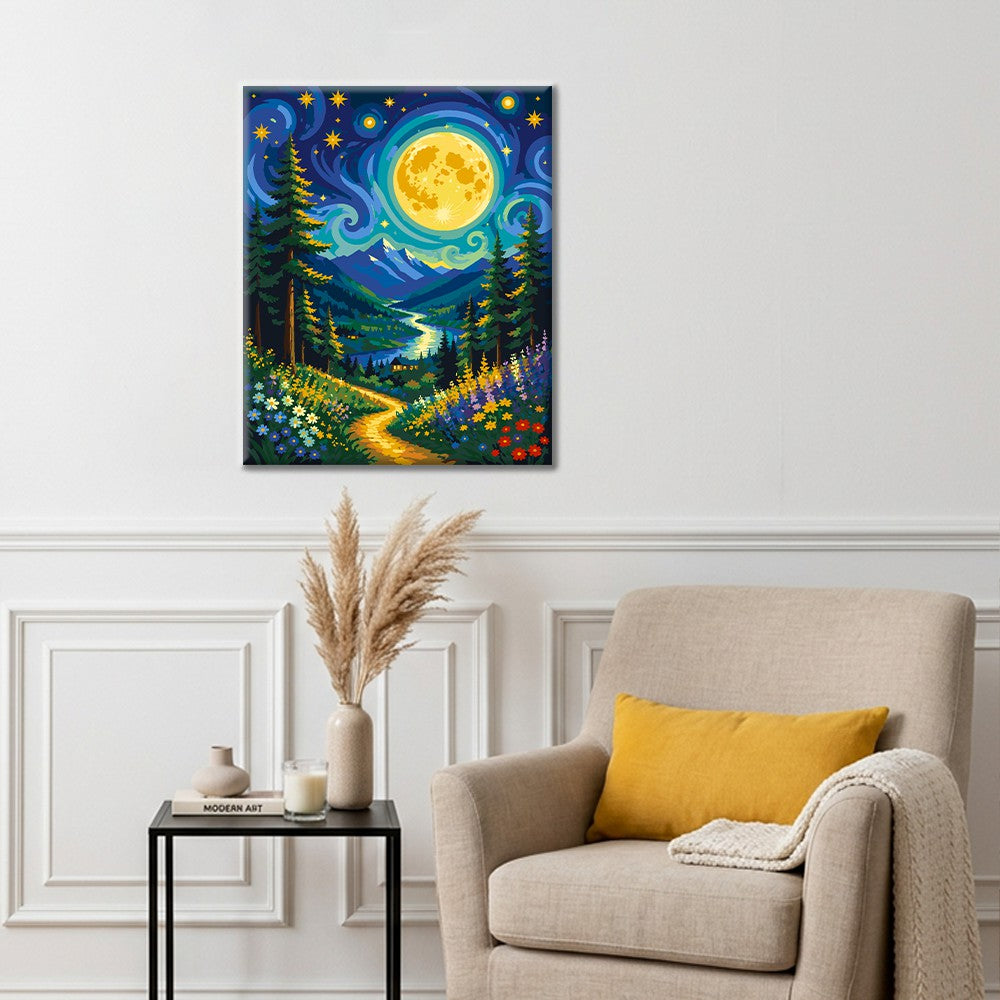 Sendero de flores de montaña iluminado por la luna – Pintura por números