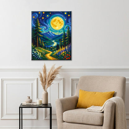 Sendero de flores de montaña iluminado por la luna – Pintura por números