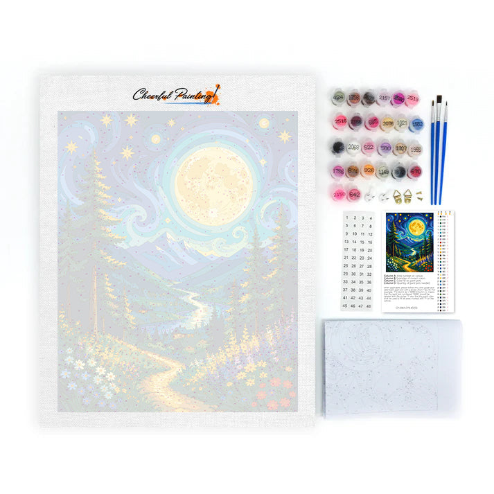 Sendero de flores de montaña iluminado por la luna – Pintura por números