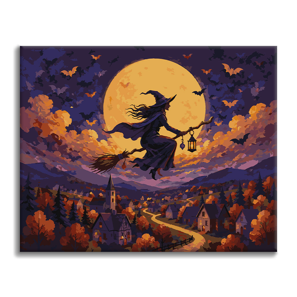 Bruja volando sobre la aldea – Pintura por números