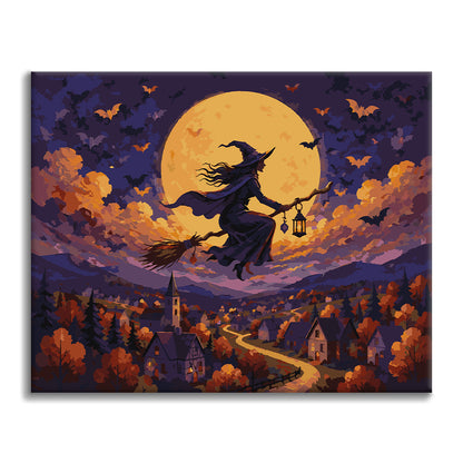 Bruja volando sobre la aldea – Pintura por números