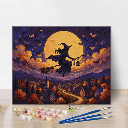 Bruja volando sobre la aldea – Pintura por números