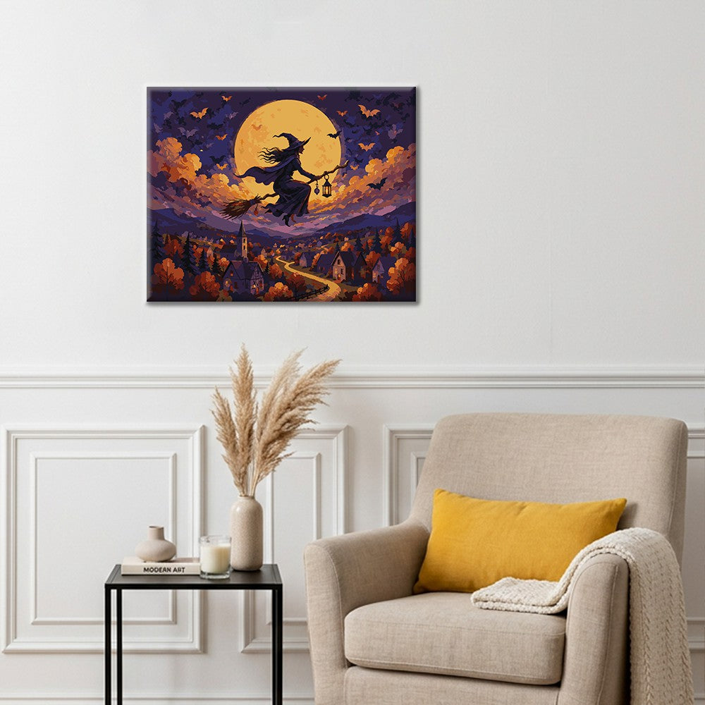 Bruja volando sobre la aldea – Pintura por números