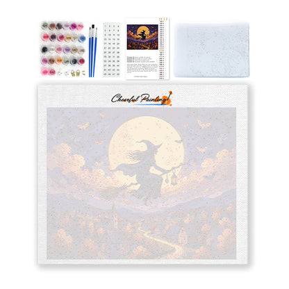 Bruja volando sobre la aldea – Pintura por números