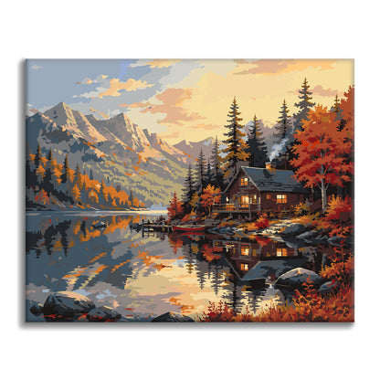 Cabaña de montaña y reflejo del lago – Pintura por números