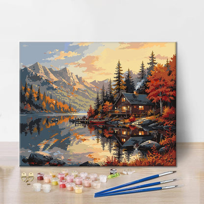 Cabaña de montaña y reflejo del lago – Pintura por números