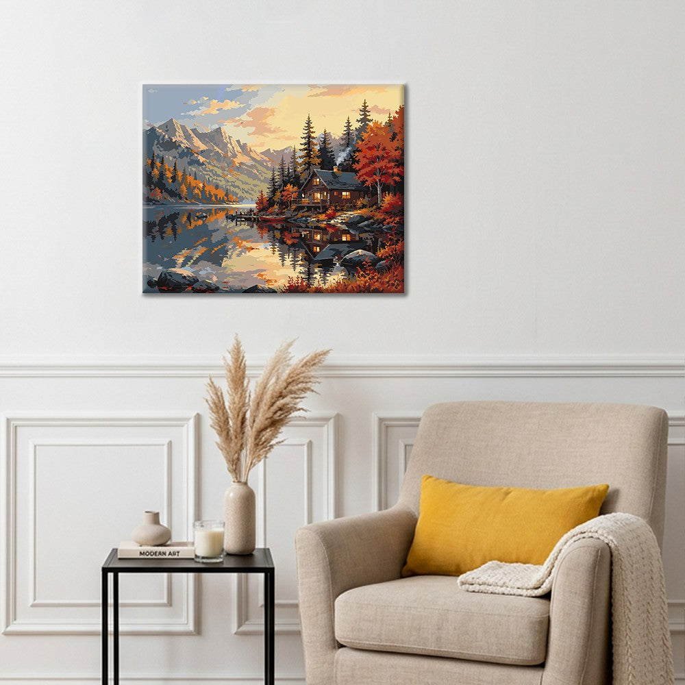 Cabaña de montaña y reflejo del lago – Pintura por números
