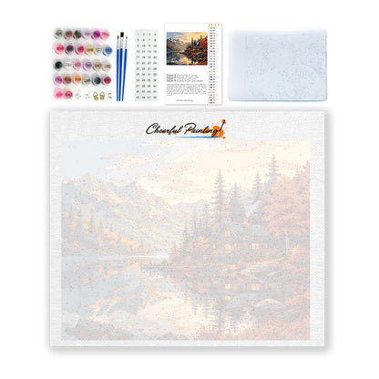 Cabaña de montaña y reflejo del lago – Pintura por números