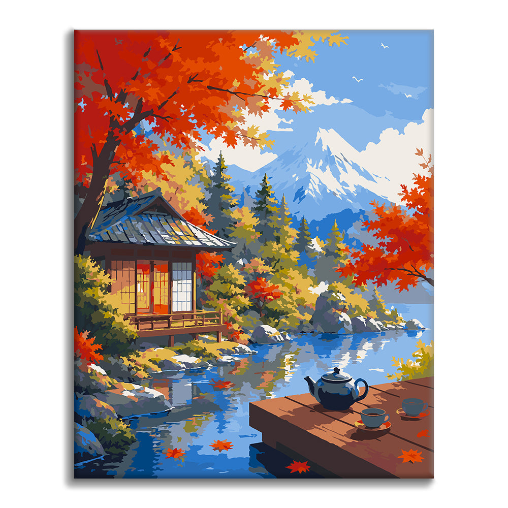 Pabellón japonés junto al monte Fuji – Pintura por números