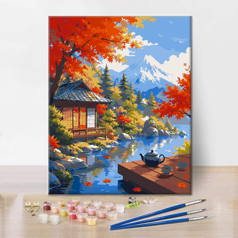 Pabellón japonés junto al monte Fuji – Pintura por números