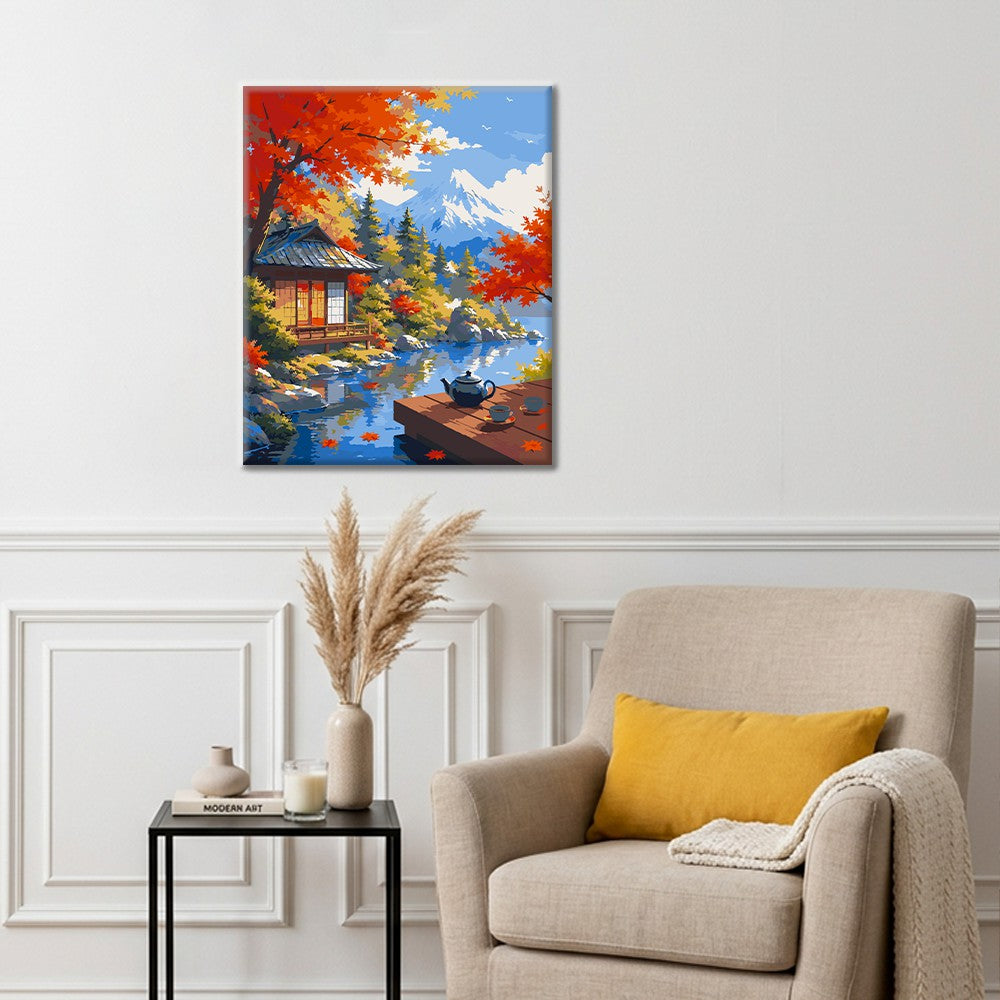 Pabellón japonés junto al monte Fuji – Pintura por números