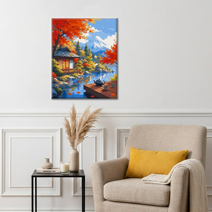 Pabellón japonés junto al monte Fuji – Pintura por números