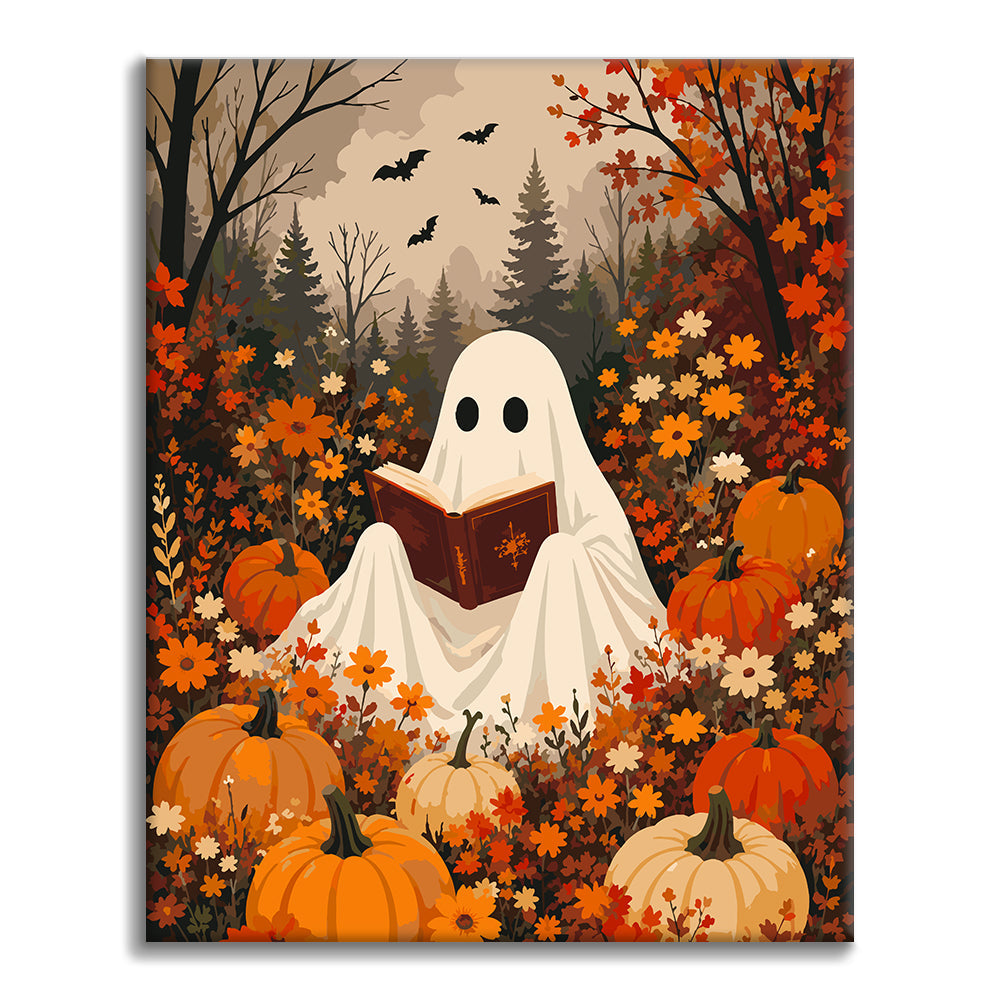 Lectura fantasma entre calabazas – Pintura por números