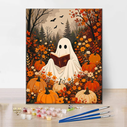 Lectura fantasma entre calabazas – Pintura por números
