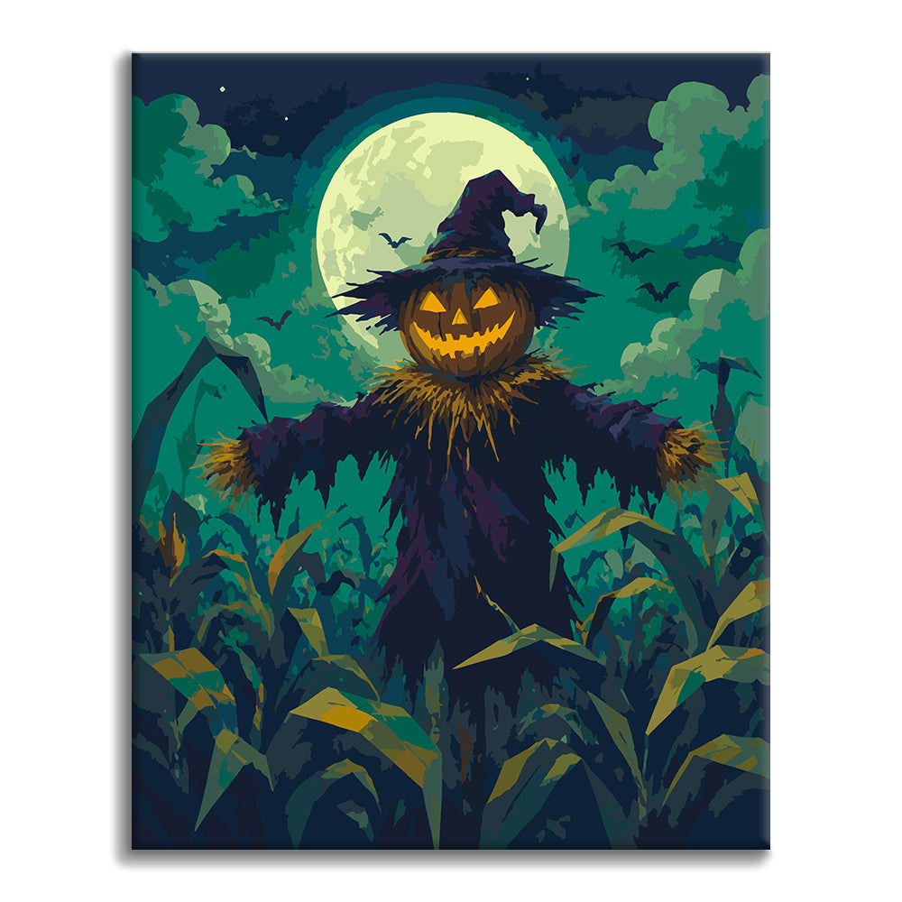 Espantapájaros bajo la luna verde – Pintura por números