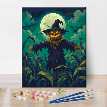 Espantapájaros bajo la luna verde – Pintura por números