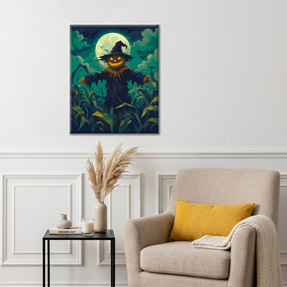 Espantapájaros bajo la luna verde – Pintura por números