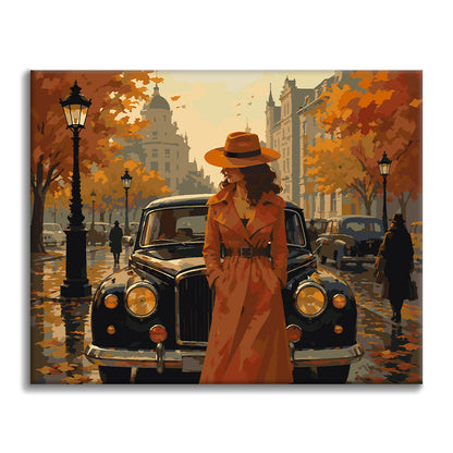Mujer al lado de un coche clásico en otoño – Pintura por números