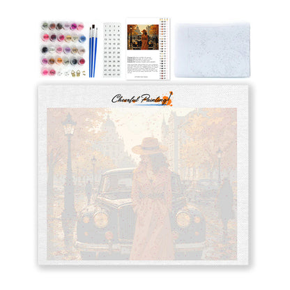 Mujer al lado de un coche clásico en otoño – Pintura por números