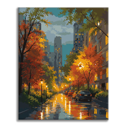 Rainy City Street en otoño – Pintura por números