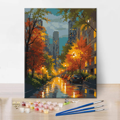 Rainy City Street en otoño – Pintura por números