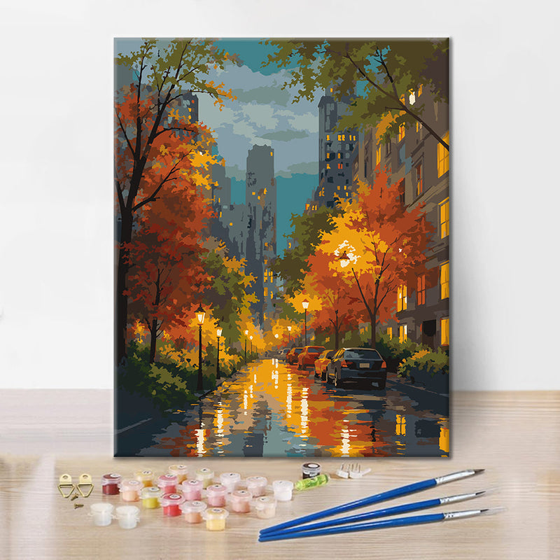 Rainy City Street en otoño – Pintura por números