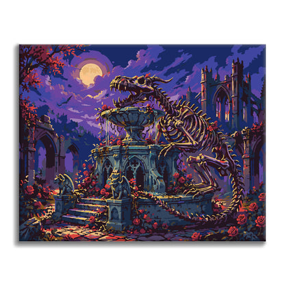 Esqueleto de dinosaurio en un jardín gótico – Pintura por números