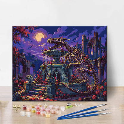 Esqueleto de dinosaurio en un jardín gótico – Pintura por números