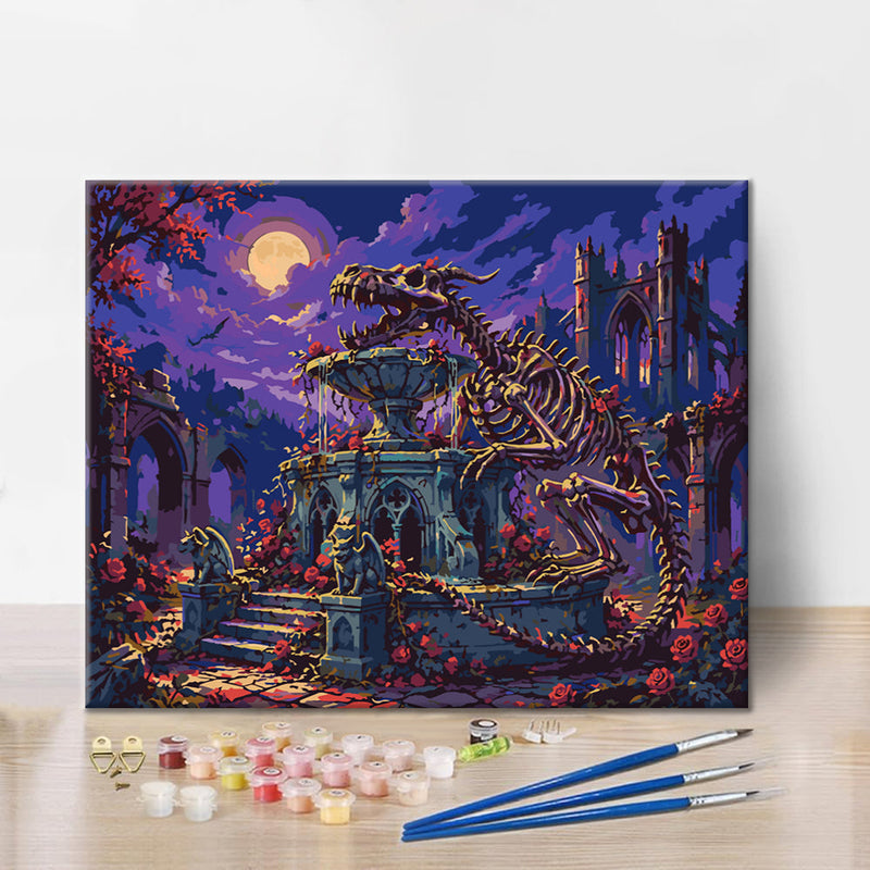 Esqueleto de dinosaurio en un jardín gótico – Pintura por números