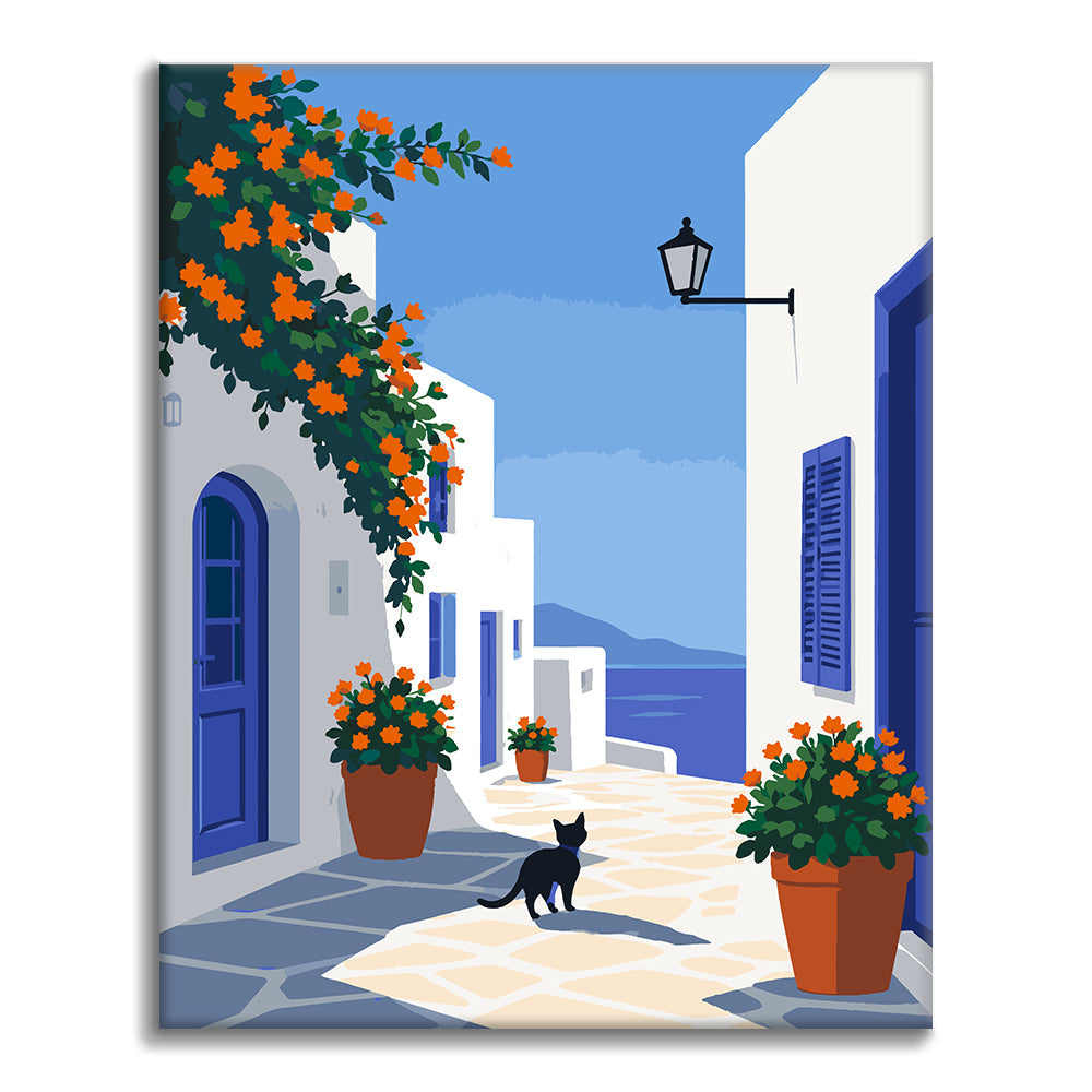 Ruta por la isla griega con un gato negro – Pintura por números