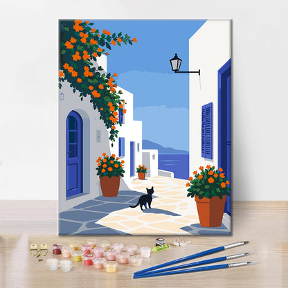 Ruta por la isla griega con un gato negro – Pintura por números