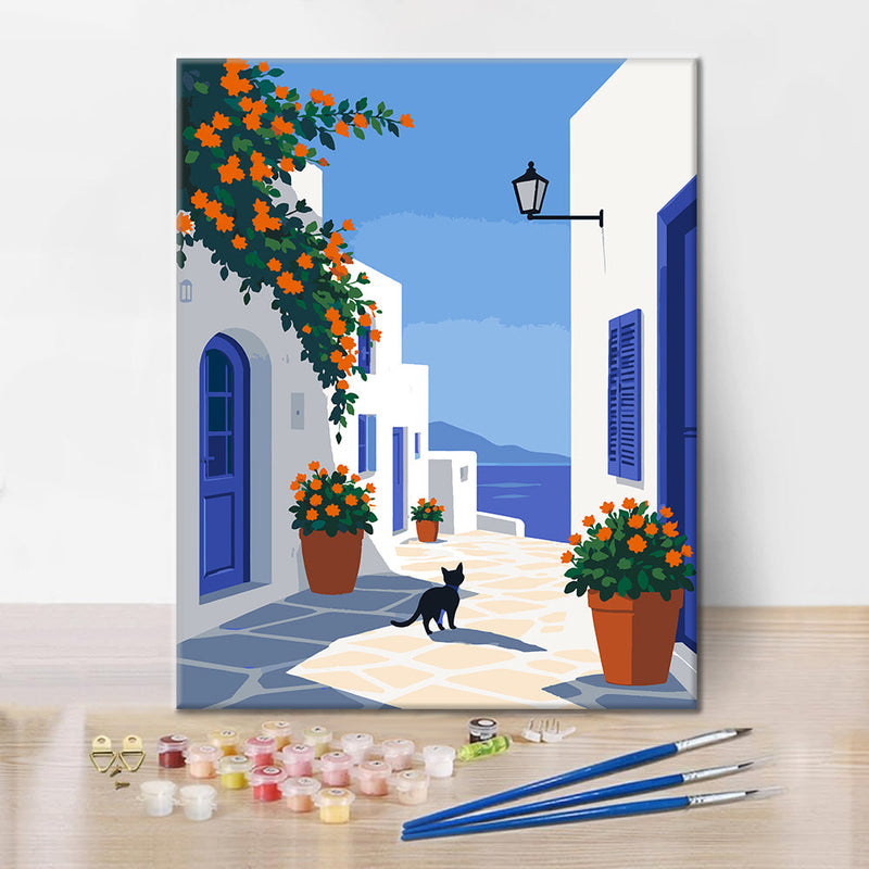 Ruta por la isla griega con un gato negro – Pintura por números