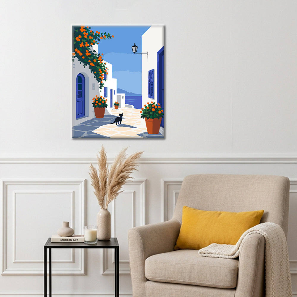 Ruta por la isla griega con un gato negro – Pintura por números
