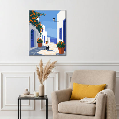 Ruta por la isla griega con un gato negro – Pintura por números