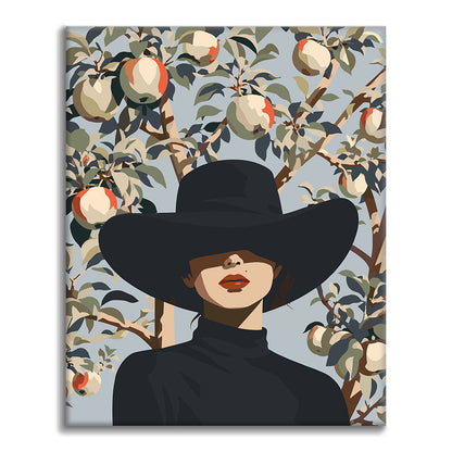 Mujer con sombrero negro entre ramas de pera – Pintura por números