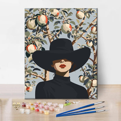 Mujer con sombrero negro entre ramas de pera – Pintura por números
