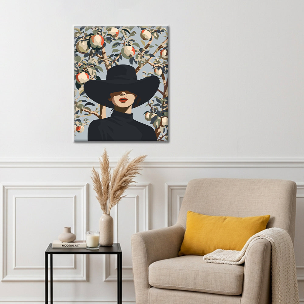 Mujer con sombrero negro entre ramas de pera – Pintura por números