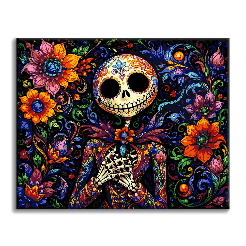 Esqueleto de calavera de azúcar floral – Pintura por números