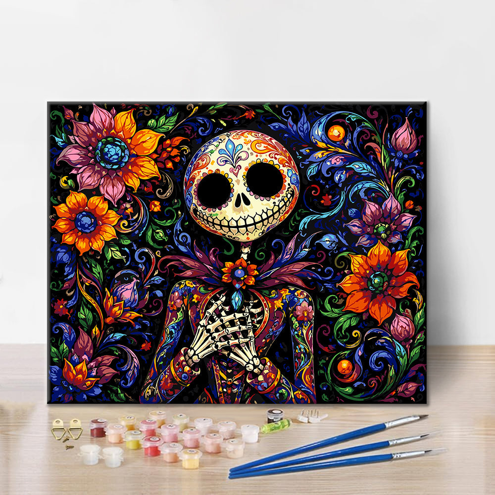 Esqueleto de calavera de azúcar floral – Pintura por números