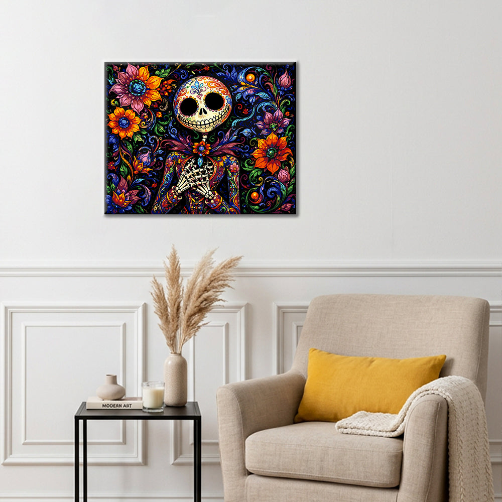 Esqueleto de calavera de azúcar floral – Pintura por números