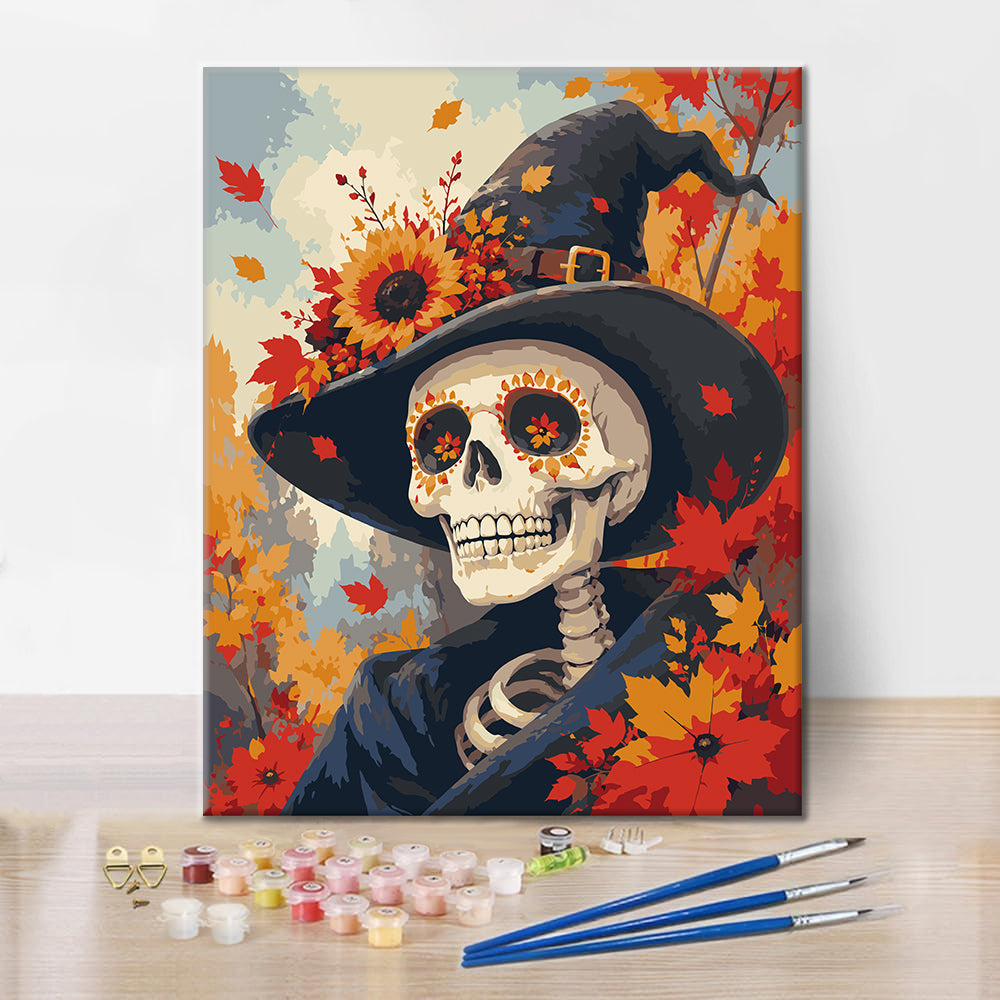 Retrato de esqueleto de bruja de otoño – Pintura por números