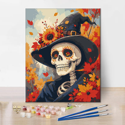 Retrato de esqueleto de bruja de otoño – Pintura por números