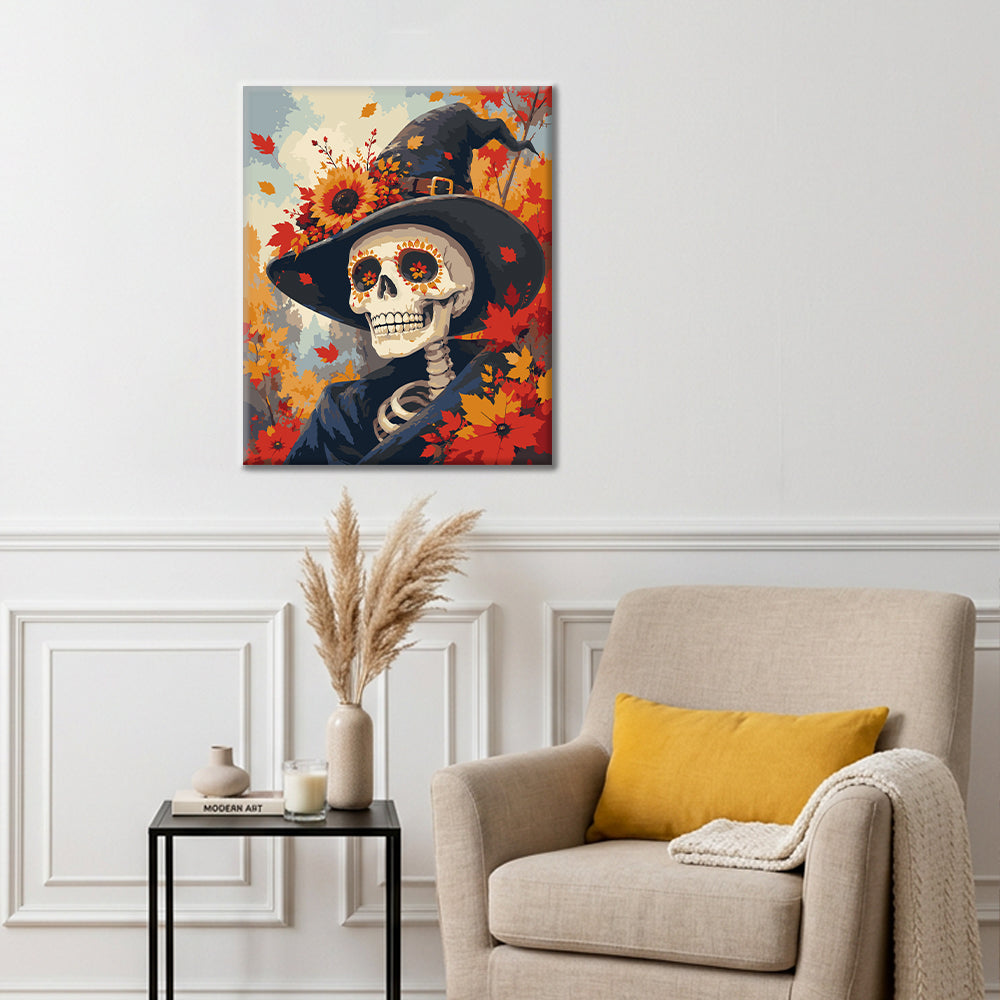 Retrato de esqueleto de bruja de otoño – Pintura por números