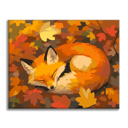 Zorro dormido en hojas de otoño – Pintura por números