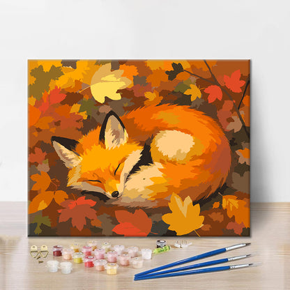 Zorro dormido en hojas de otoño – Pintura por números