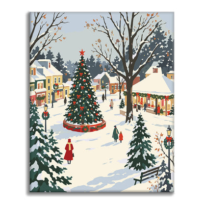 Árbol de Navidad de Snowy Town – Pintura por números